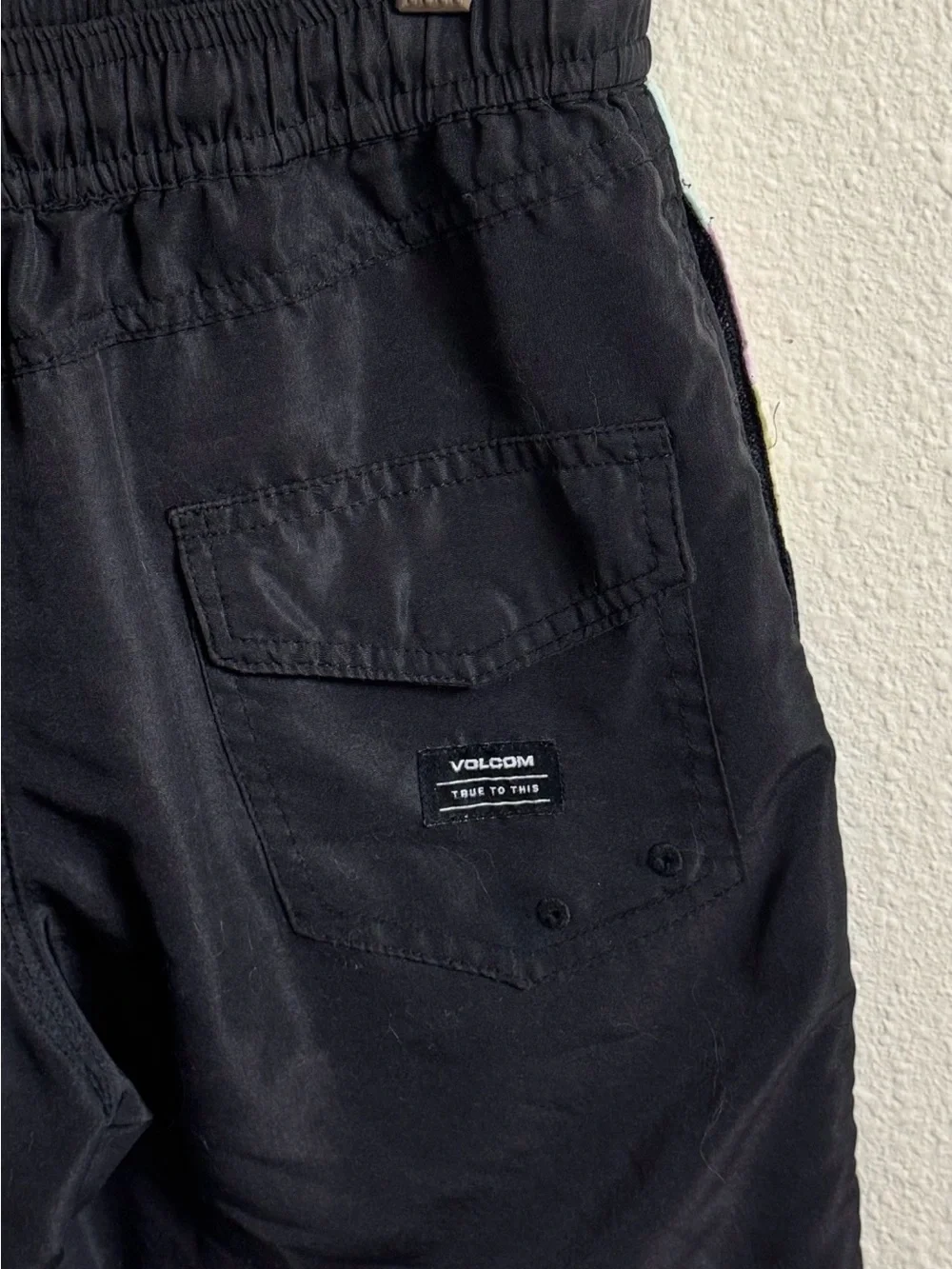Boys Volcom Colorblock Swim Shorts in Black with Mint, Lavender & Pale Yellow